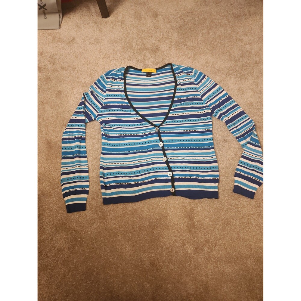 St. John Women's Blue & White Striped Wool-Blend Cardigan Size M